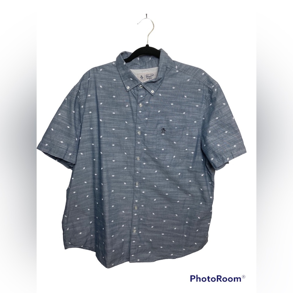 Original Penguin blue short sleeve football pattern short sleeve button down.2XL